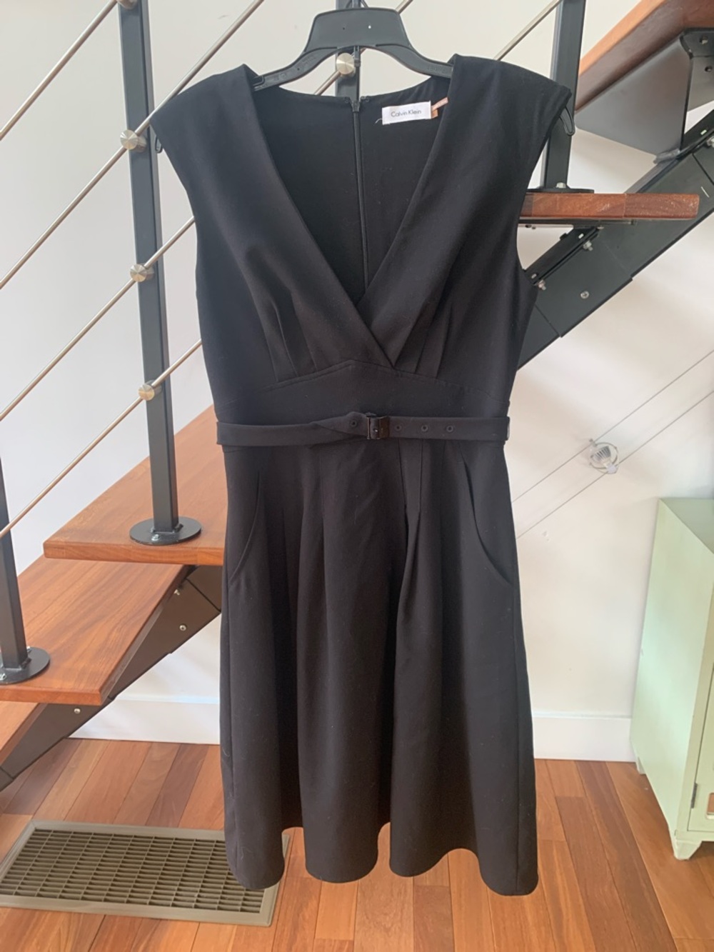 Calvin Klein Black Sleeveless V-Neck Midi Dress with Belt